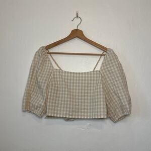 H&M – Gingham Check Linen Cotton Blend Puff Sleeve Open Back Blouse